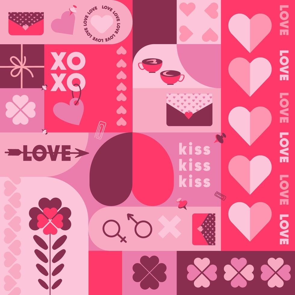 Valentine's day concept background illustration in Abstract Geometric mosaic style. Geometric seamless pattern with love icons. Valentine's day collage cover in trendy style. illustration vector