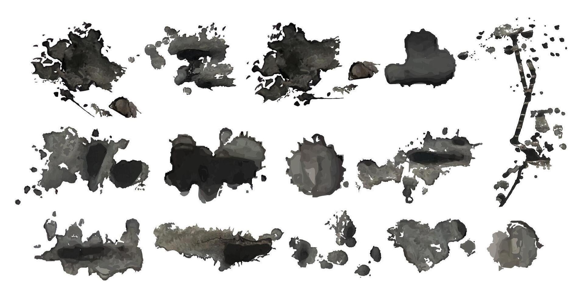 Ink stains and blots splashes set. Watercolor dark grunge stains collection.Black watercolor splashes texture. Grunge design element, dirty texture set. illustration vector