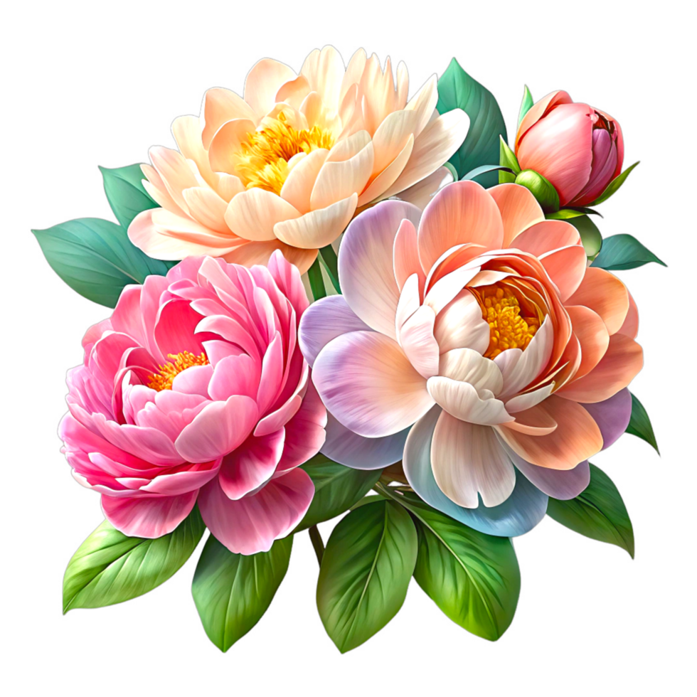 A beautiful arrangement of pink and peach peonies against a transparent background of lush green leaves in a vibrant artistic display. png