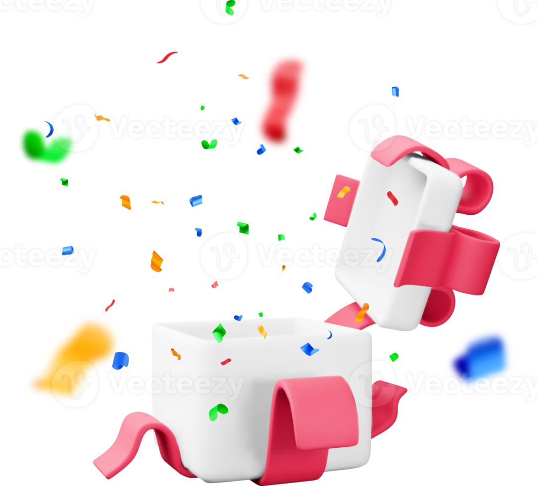 3D open gift box with falling confetti png