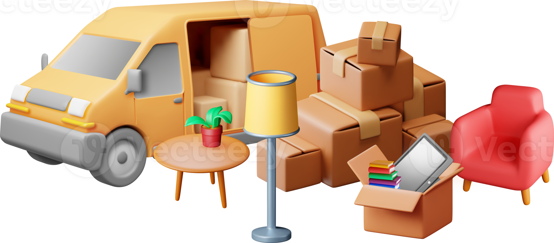 3D delivery van with open door and home stuff png