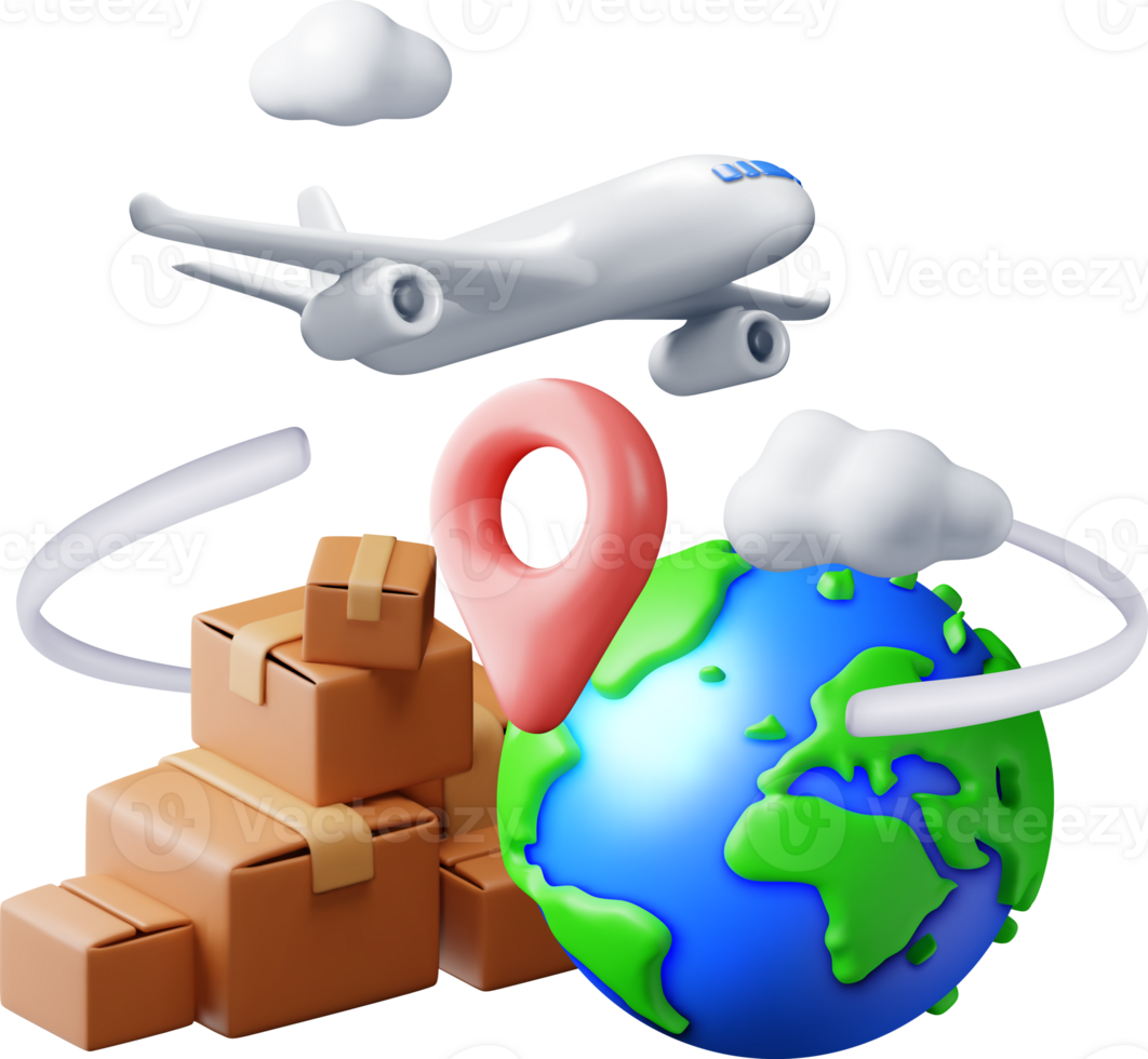 3D delivery airplane, globe and cardboard box png
