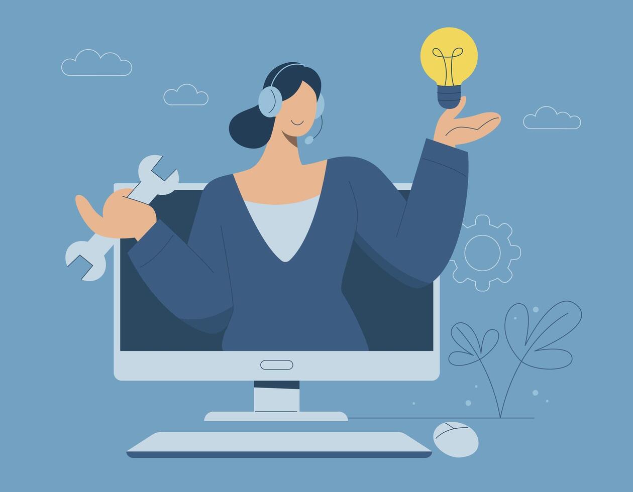Technical support or customer service, Hotline, Call center representative, Online customer consultation or feedback, Woman wearing headphones holding a wrench and helping customers solve problems. vector