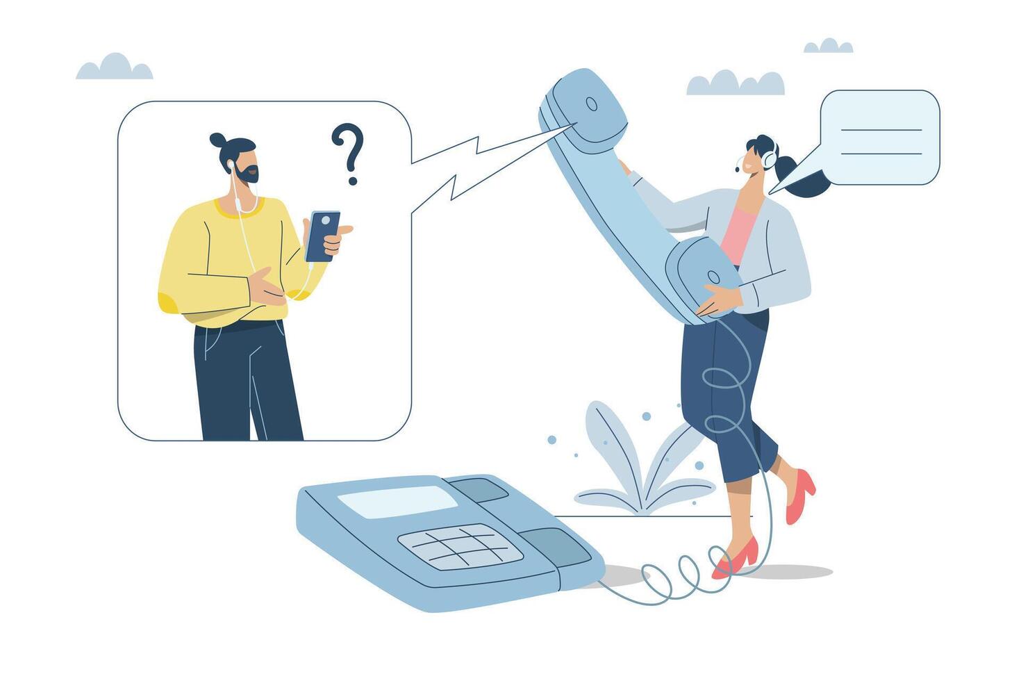A female officer answers the phone and provides online customer consultation. Hotline, Customer Feedback, Help and support services, advice or suggestions. design illustration. vector