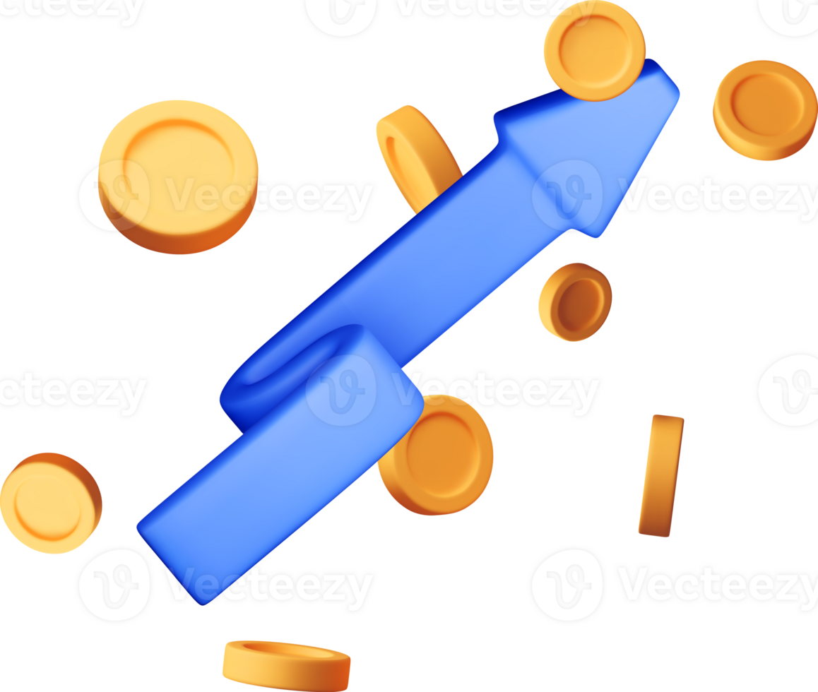 3D growth stock chart arrow with golden coins png