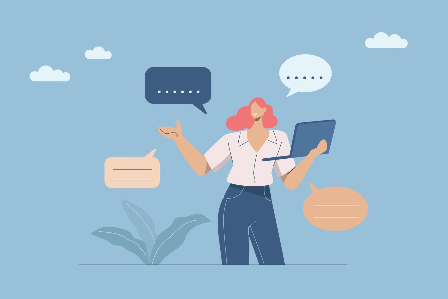 Concept of communication skills, Effective communication and respect in different situations, Female employee with bubbles commenting on work. design illustration. vector