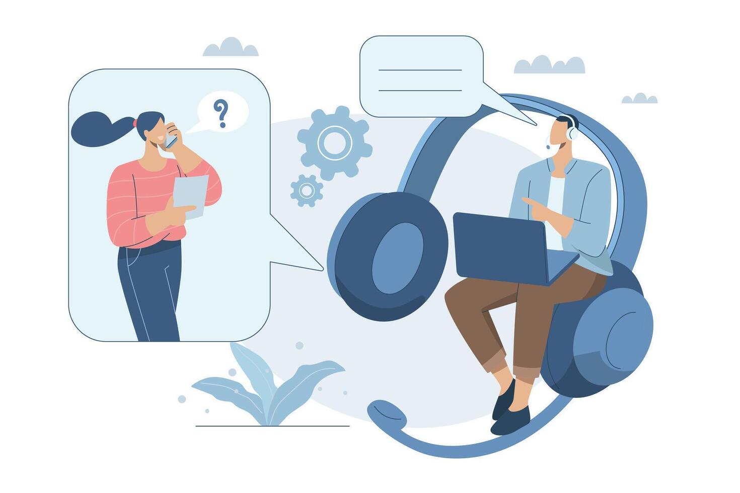 Customer services and support, Consultant or suggestions, Hotline, Customers ask for advice, Male officer answers the phone and gives online customer consultation via laptop. design. vector