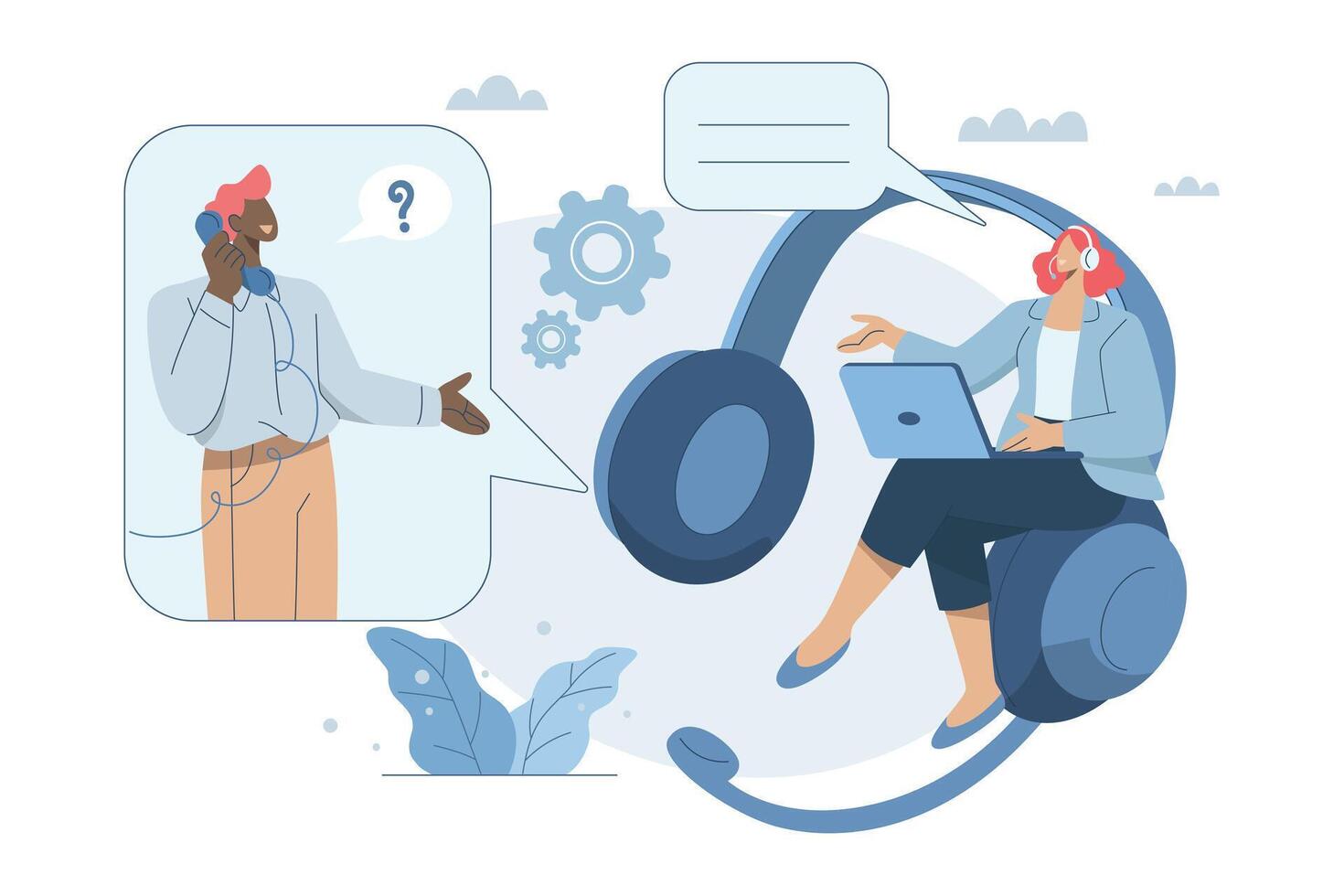 Customer services and support, Consultant or suggestions, Hotline, Customers ask for advice, Female officer answers the phone and gives online customer consultation via laptop. design. vector