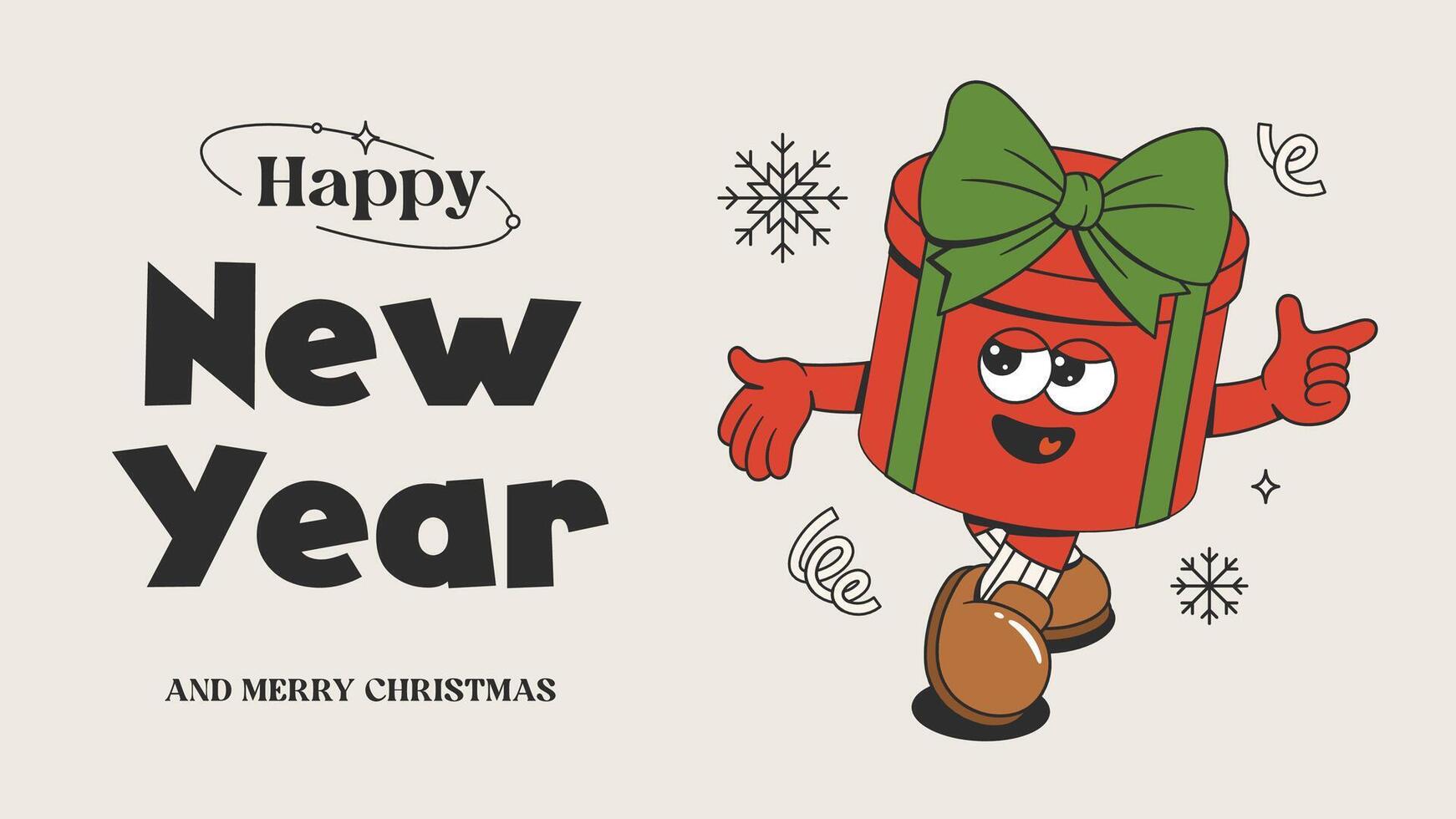 Happy New Year and Merry Christmas poster include gift with bow, snowflakes and confetti. retro poster. Christmas mascot banner vector