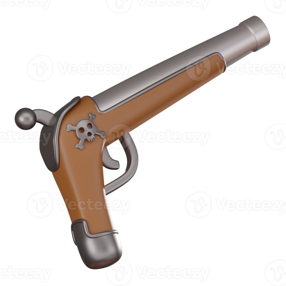 3D Render Antique Old Retro Pistol Pirate with Skull Icon llustration png