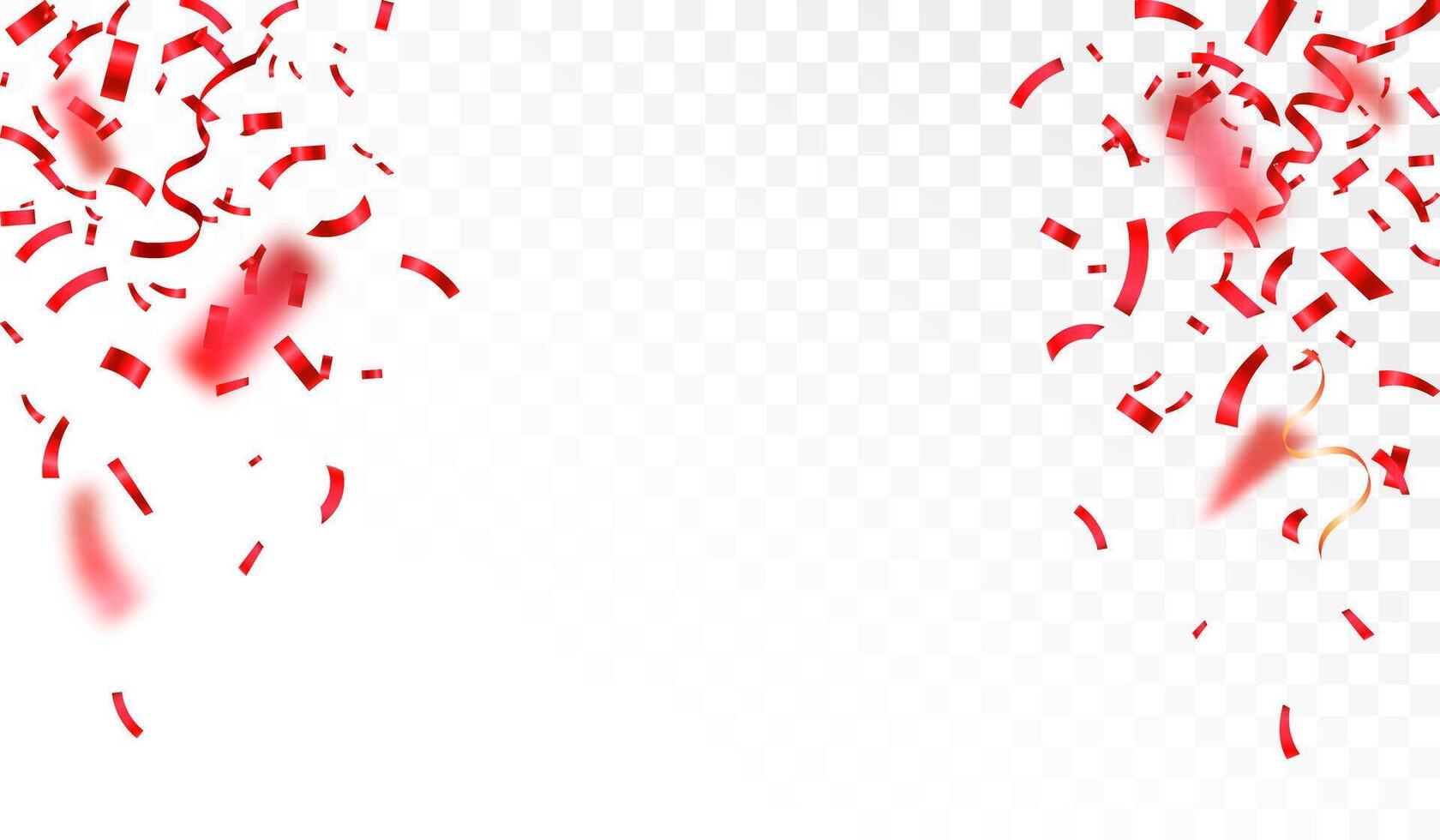 Confetti explosion on white. Shiny red confetti isolated. Ribbons. Defocused elements. Party, birthday, Holiday banner template. vector