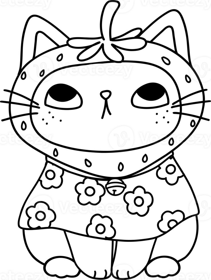 Retro Groovy Strawberry Cat Sitting coloring image png