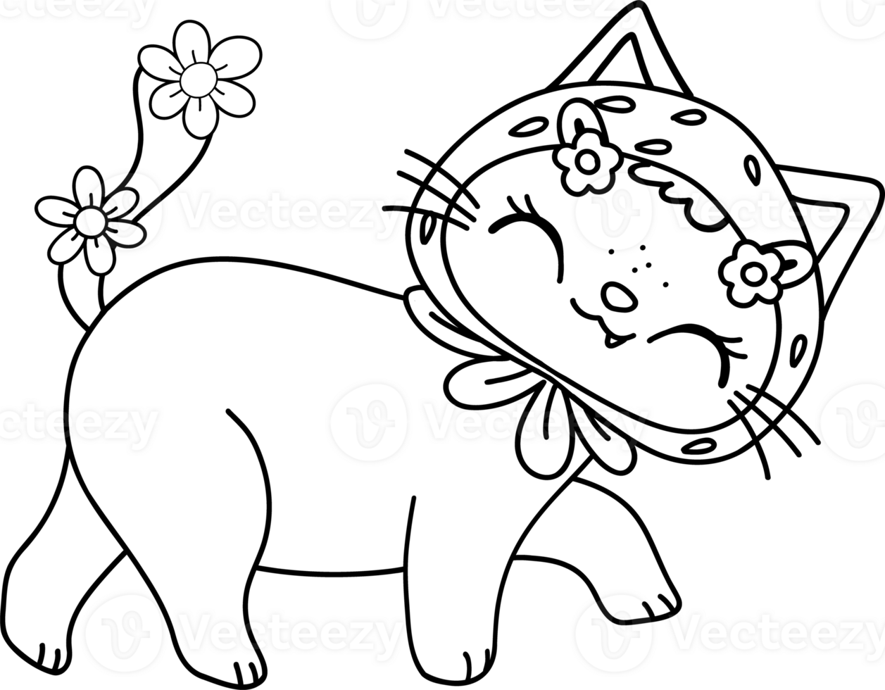 Retro Groovy Strawberry Cat walking coloring image png