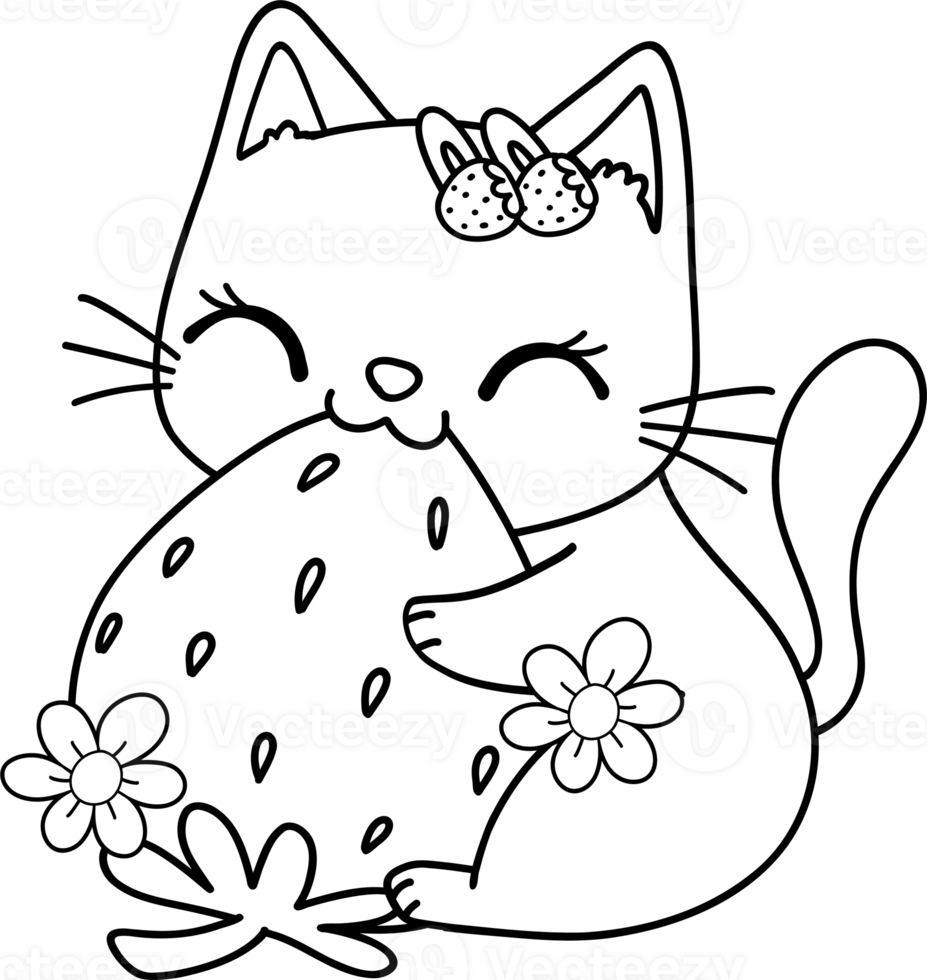 Retro Groovy Strawberry Cat eating coloring image png