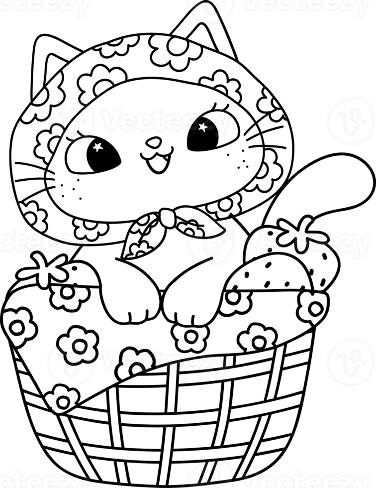 Retro Groovy Strawberry Cat in Woven Basket coloring image png