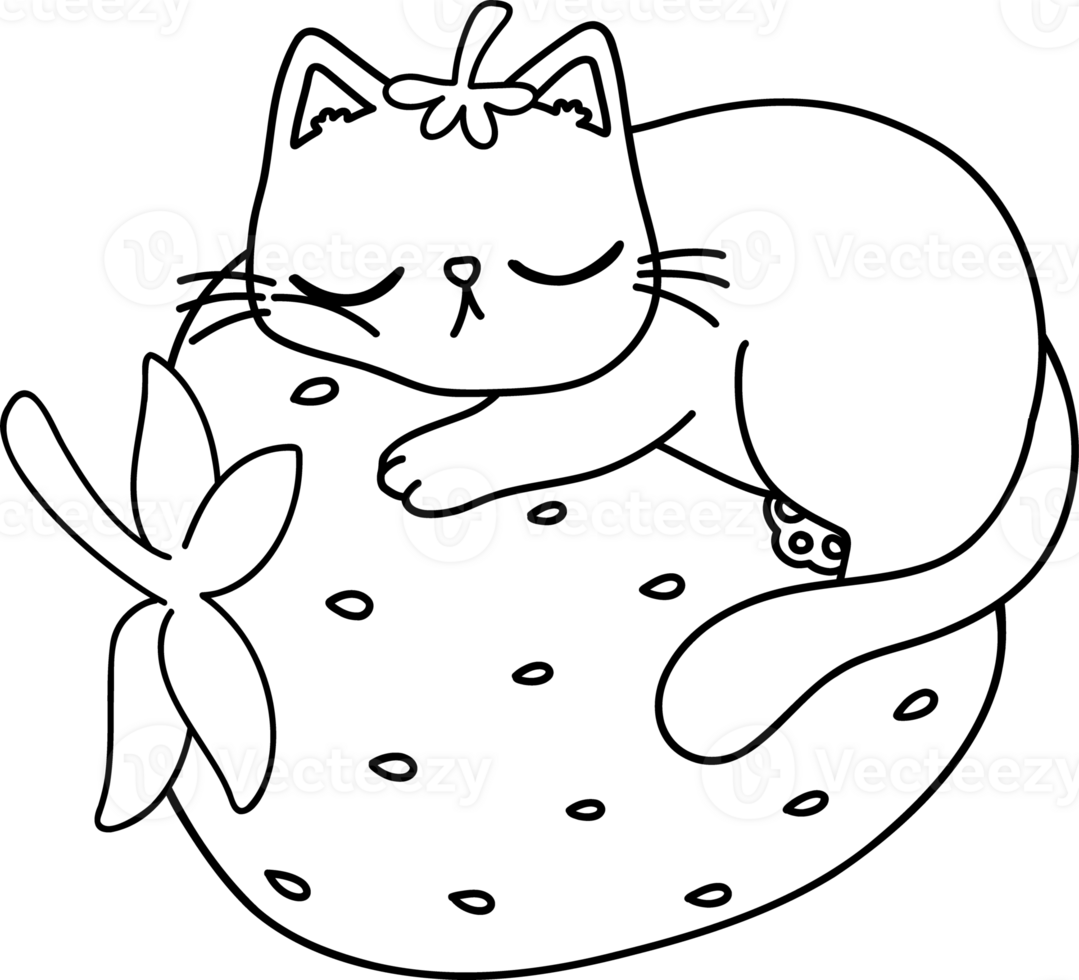 Retro Groovy Strawberry Cat sleeping coloring image png