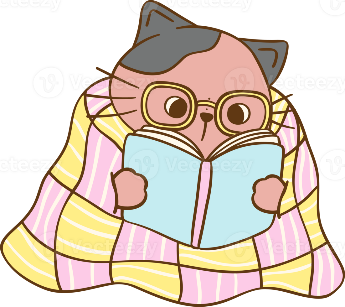 Pastel Winter Cat Reading in blanket Pastel Bookish Cartoon with Retro Vibes png