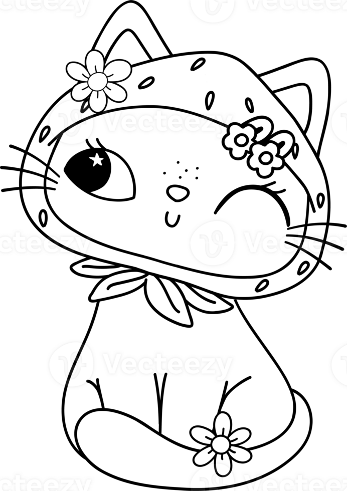 Retro Groovy Strawberry Cat sitting coloring image png