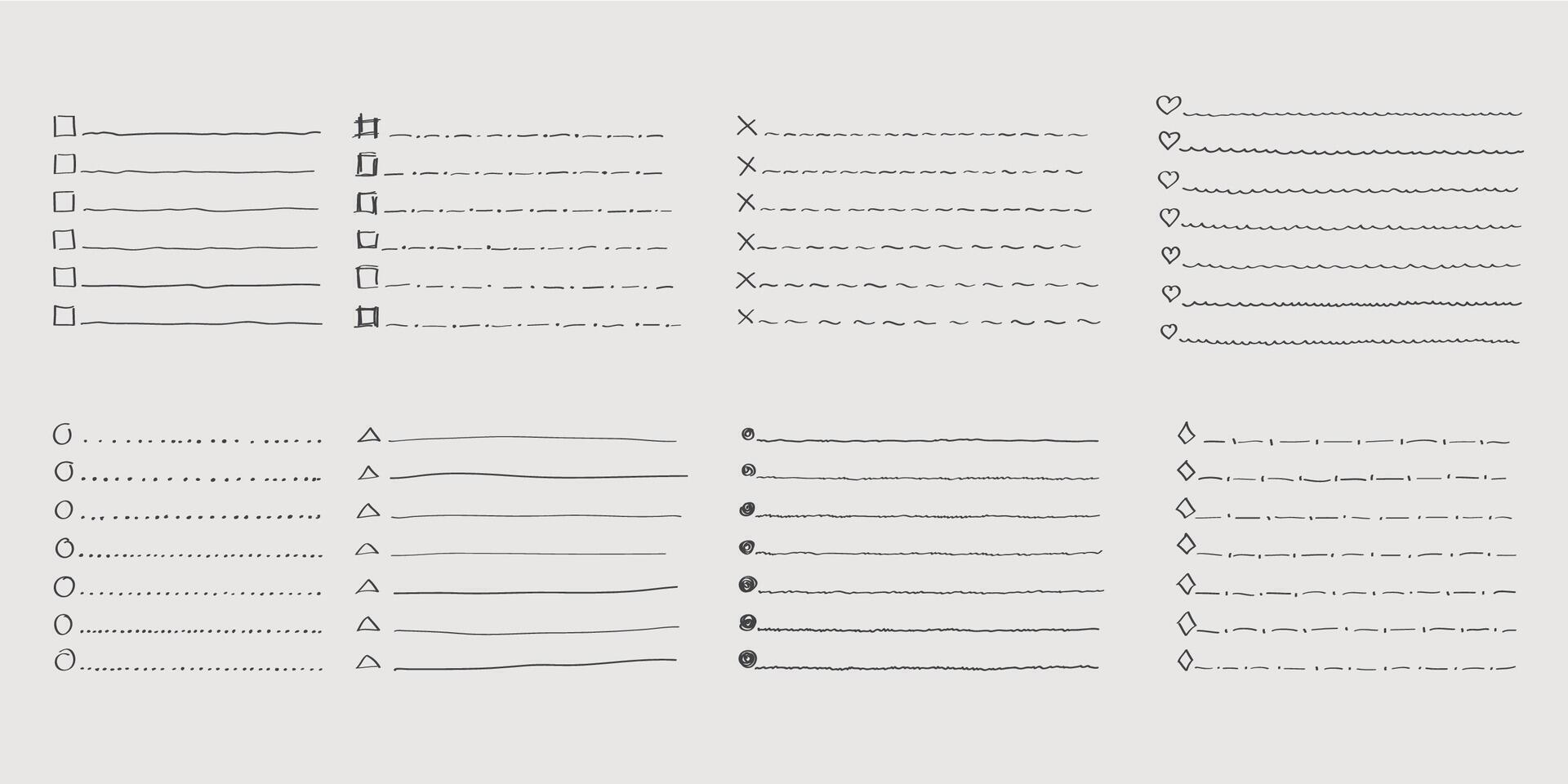 Collection of isolated outline hand drawn check to do list, bullet, check mark and check box in a doodle sketch cartoon style. Set of paper note with task plan. vector