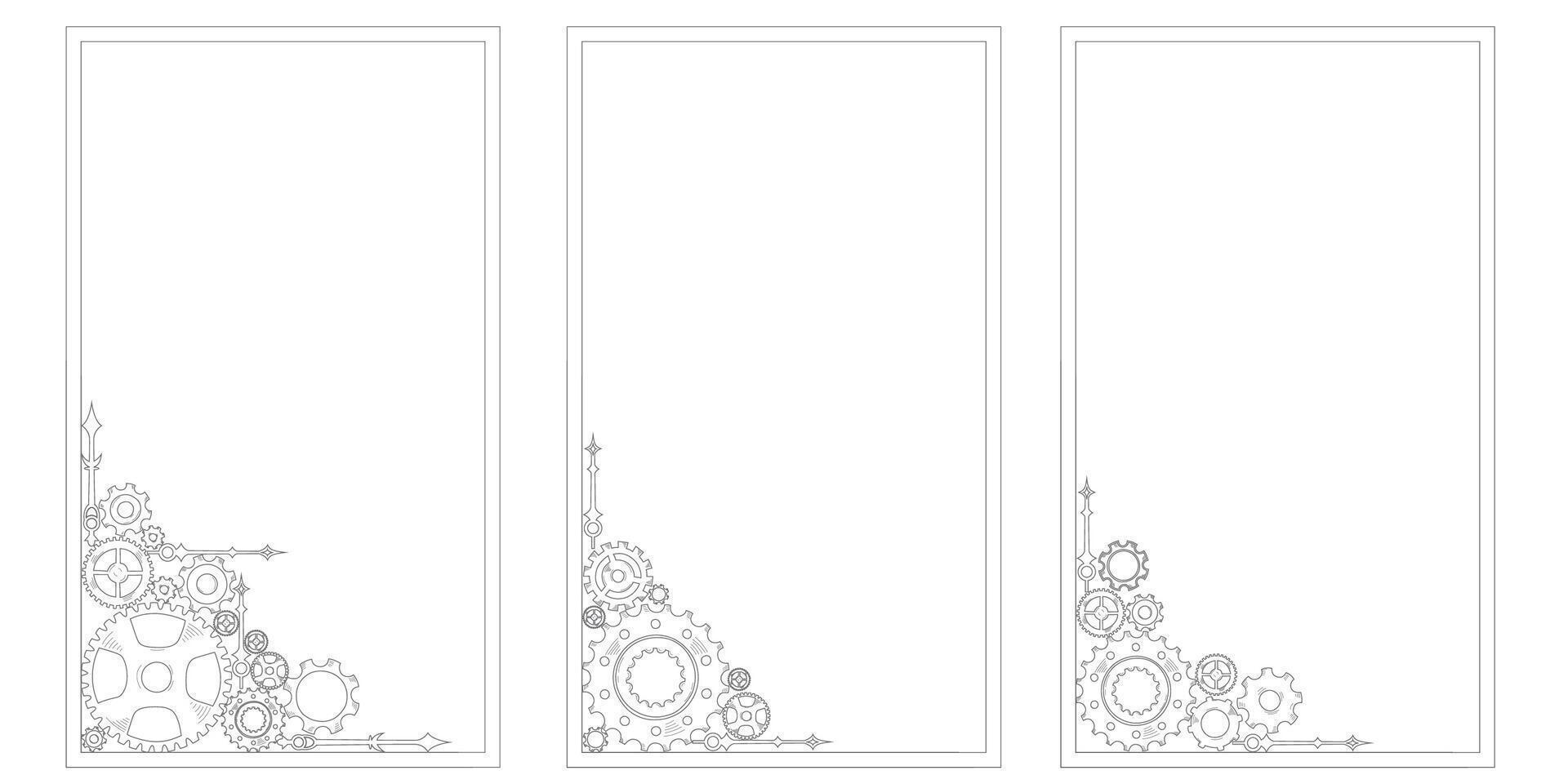 Hand-drawn colorful doodle gear cogwheel corner, frame, and border, emphasizing teamwork and business ideas in a progress-themed background. vector