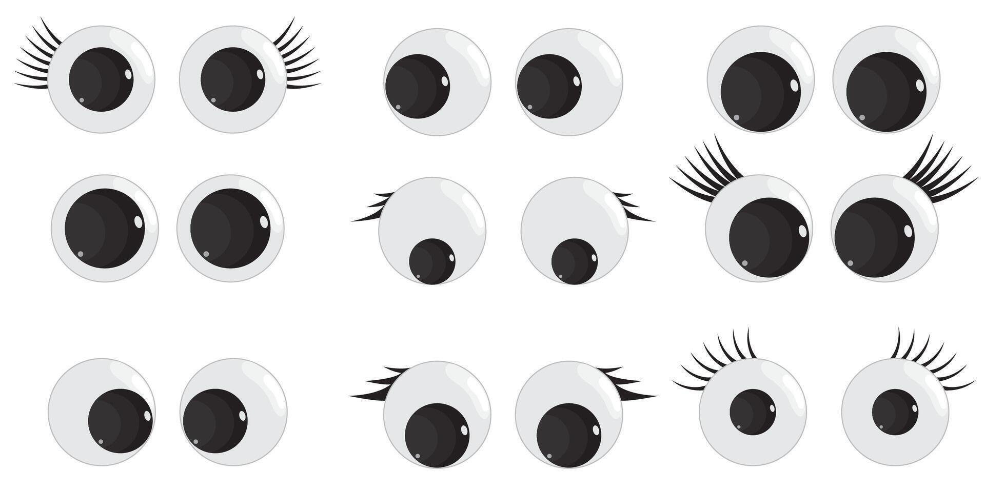 A set of plastic toy eyes. Glossy, bulging, puppet eyes. Cute, round, , isolated elements. Look down, up, left, right. Different, shaking, silly, hilarious pairs of eyeballs. vector