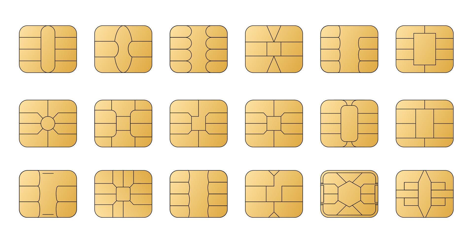 EMV chip golden icons. Contactless payment at terminals and ATMs. Set line nfc symbol. Square computer microchips for credit debit cards. vector