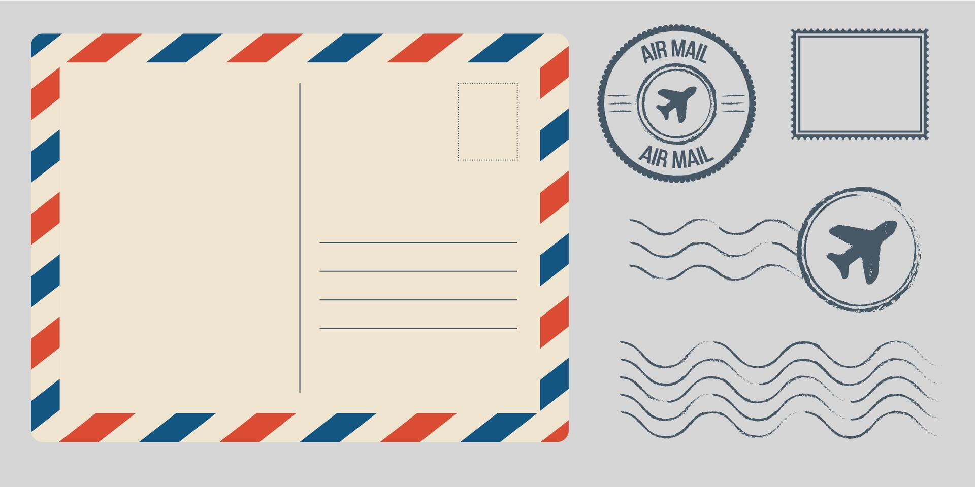 Postcard envelope template set. Greeting card stamps postal services red blue frame fast delivery air ships stylish retro design empty blank graphic template. vector