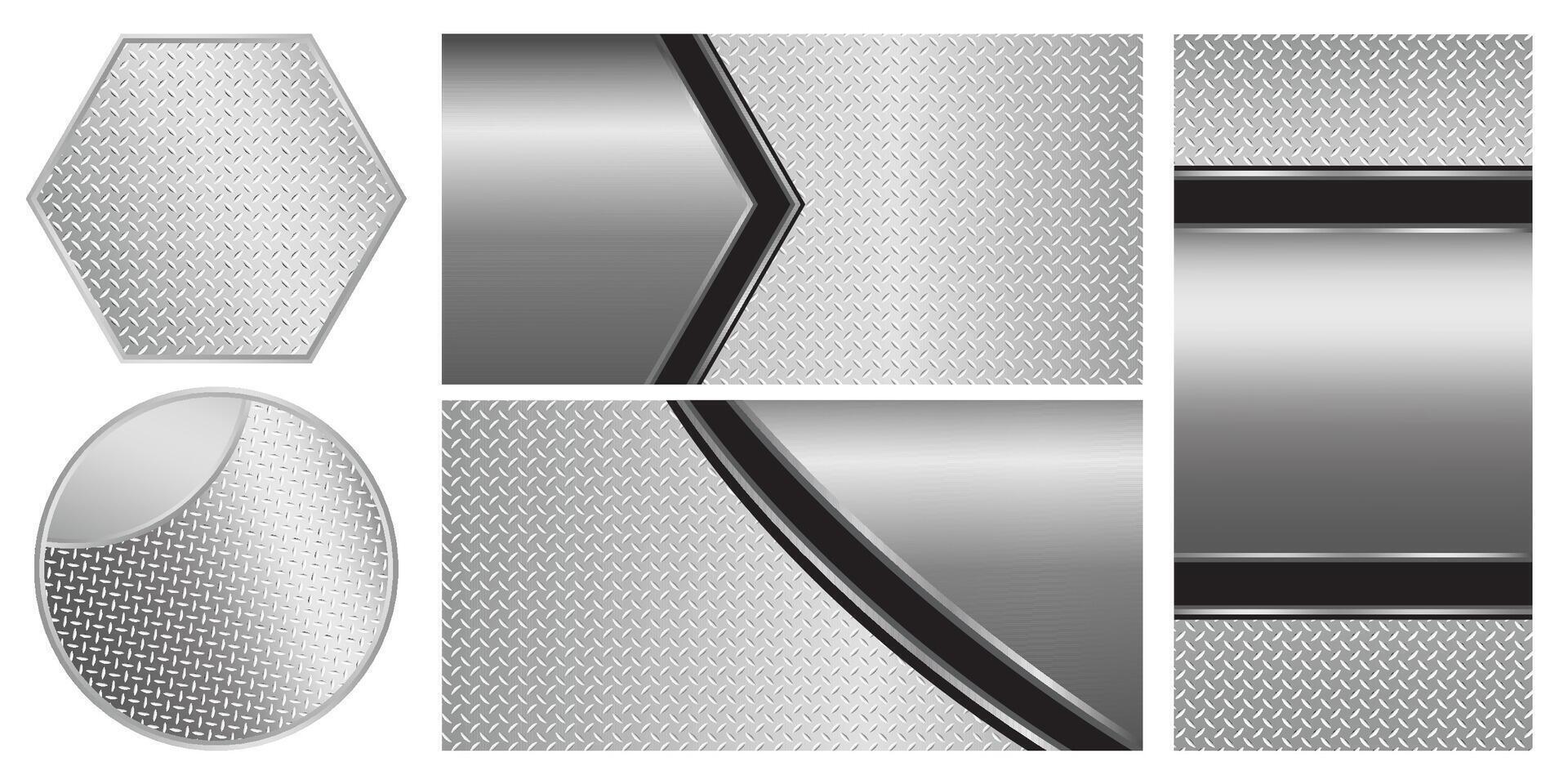 Set of silver gray metal backgrounds and elements, 3D polished chrome metallic and shiny diamond plate texture, illustration vector
