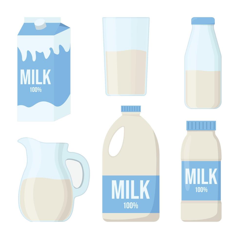Milk in different containers illustrations set Milk bottle and glass. illustration of dairy products in flat style. vector