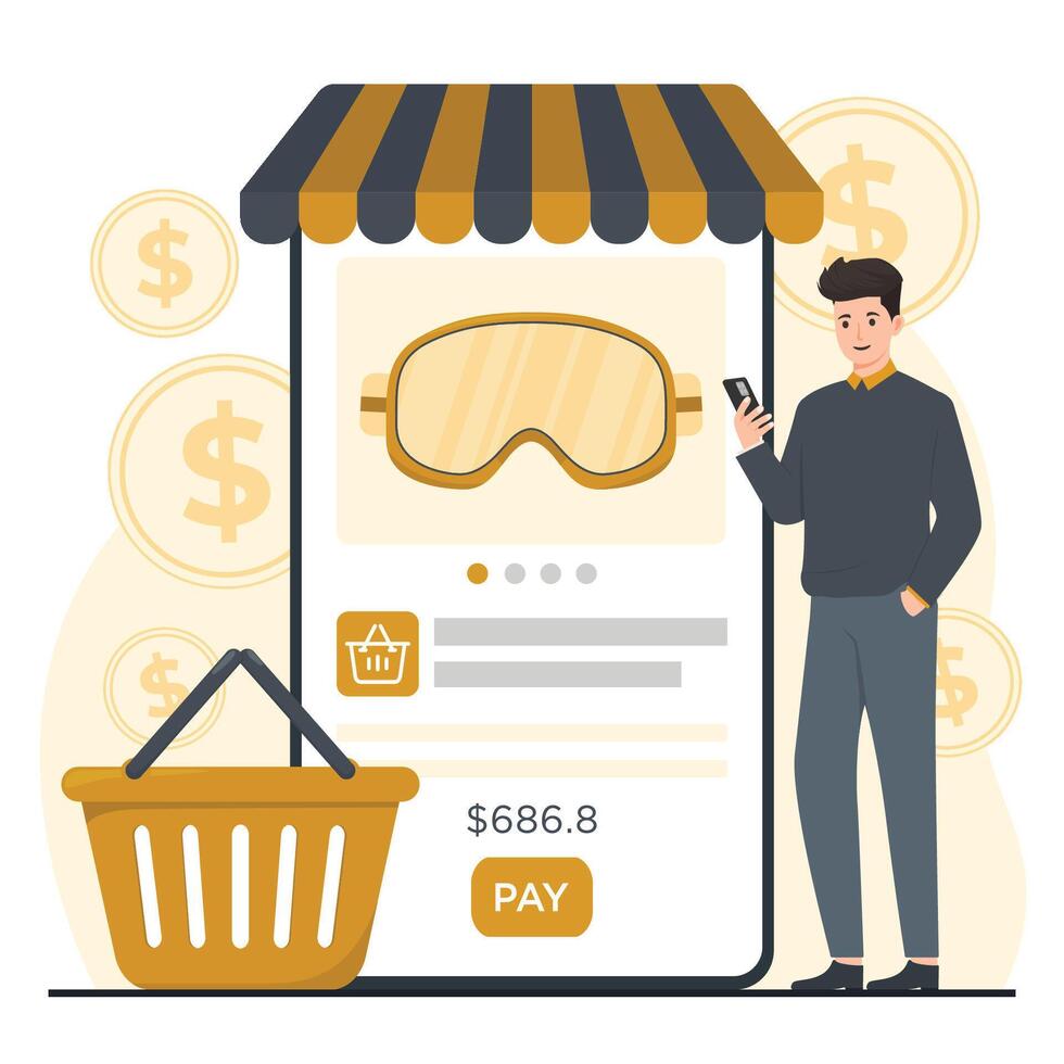 Online shopping concept. illustration in flat style. Man with smartphone and shopping basket vector