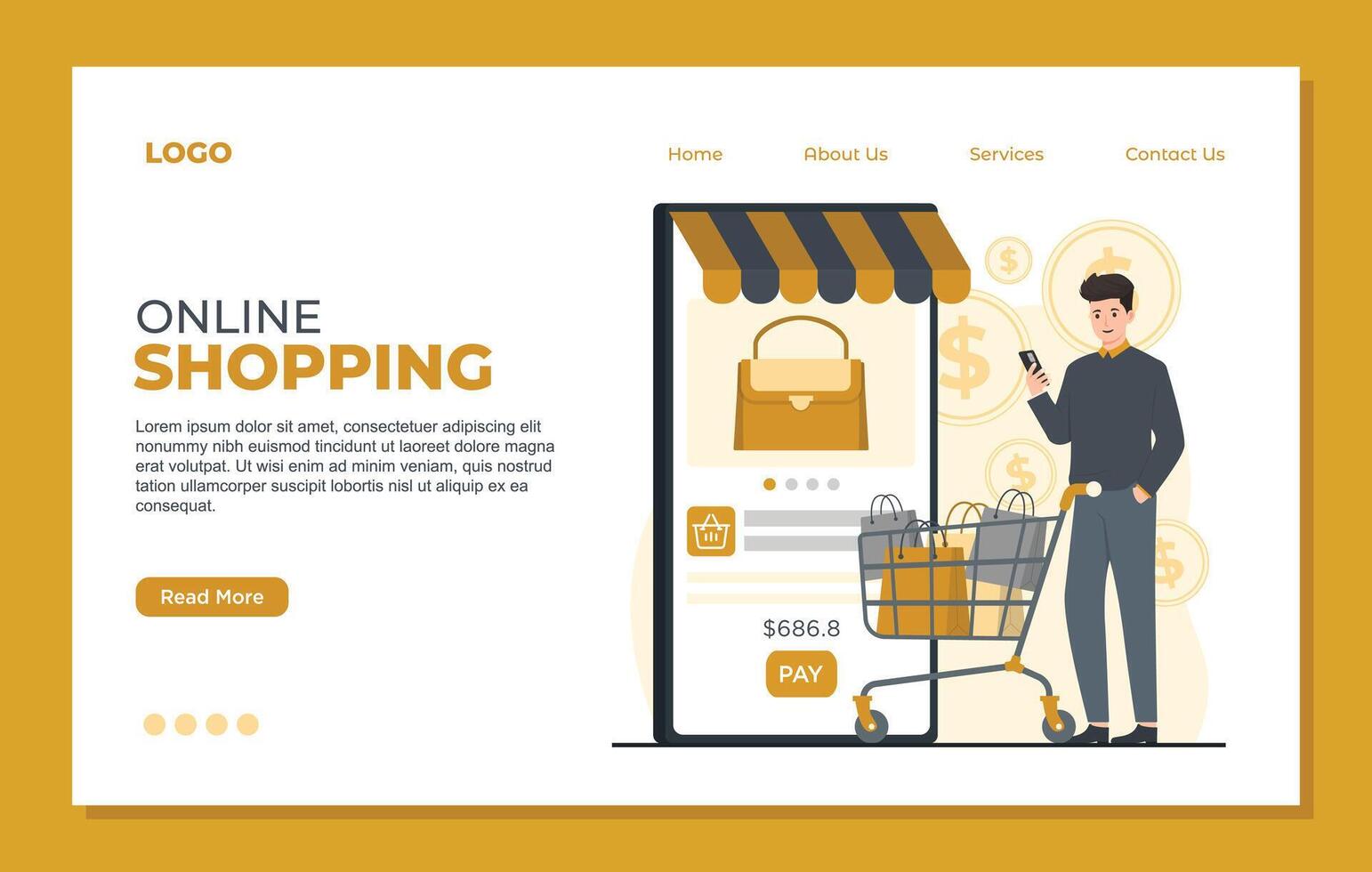 Online shopping landing page template. Man with shopping cart and smartphone. illustration vector