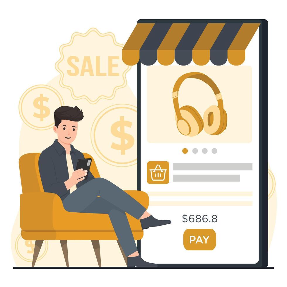 Online shopping concept. illustration in flat style. A man sits in an armchair with a phone in his hands. vector