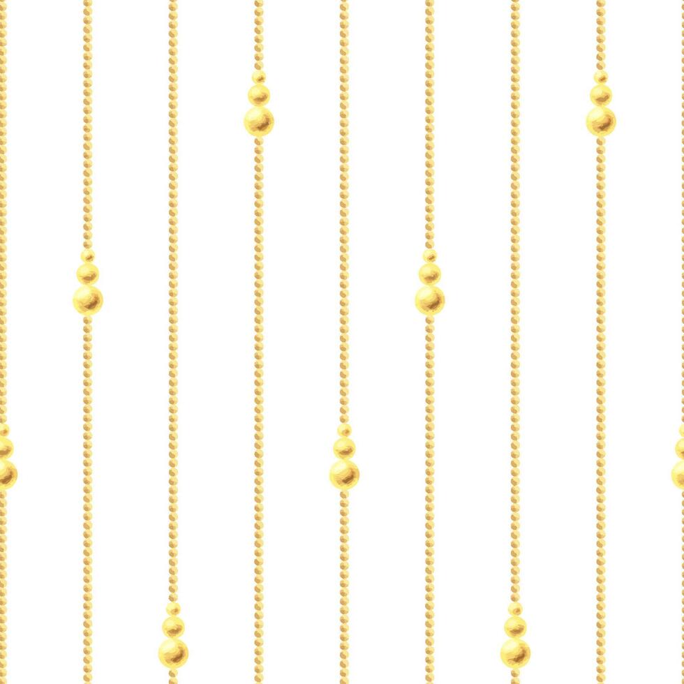 Beads gold thin with pendants from beads vertical stripes. Christmas, New Year, winter watercolor illustration hand drawn. Seamless simple geometric pattern on white background. vector