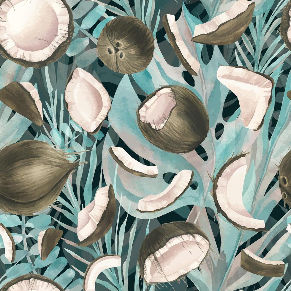 Coconuts of different shapes, whole and broken against the background of tropical palm leaves in turquoise color. Watercolor illustration. Seamless pattern from a COCONUT collection. vector