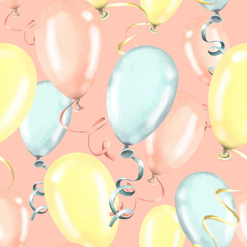Festive, seamless pattern with balloons of yellow, blue and pink colors on a pink background. Watercolor illustration from a large set of HAPPY BIRTHDAY. For decoration and background design. vector