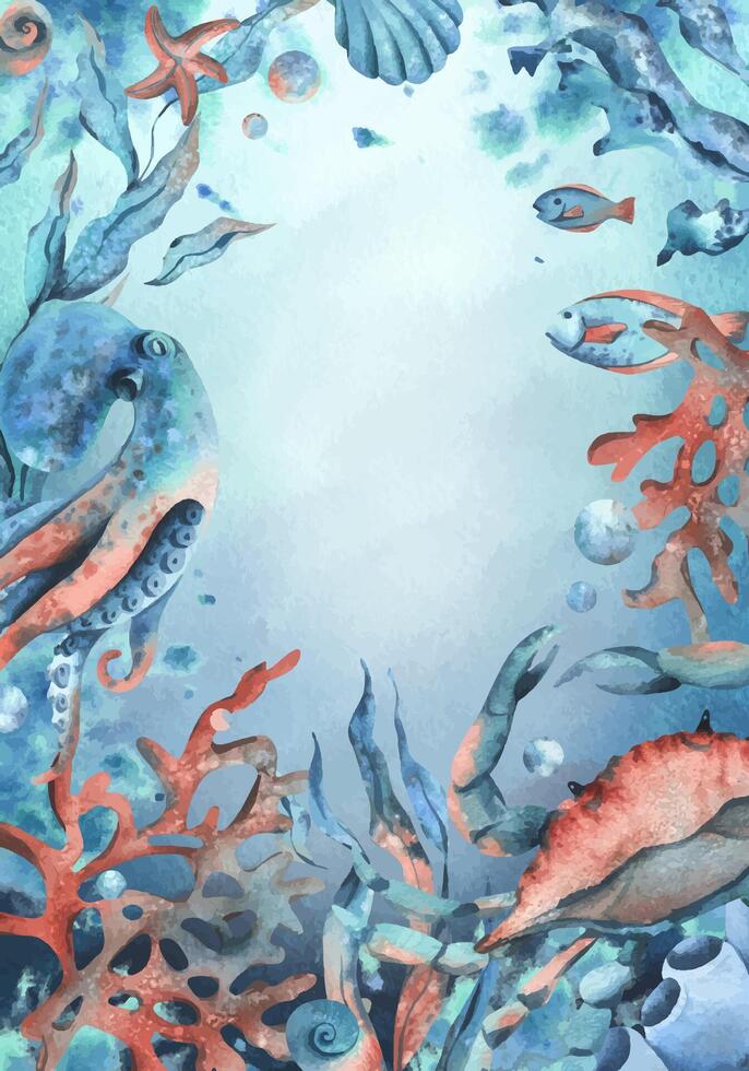 Sea animals, octopus, crab, seaweed, coral, sponge, starfish, shells, fish and bubbles. Hand drawn watercolor illustration of underwater world. Vertical rectangular frame template, postcard vector