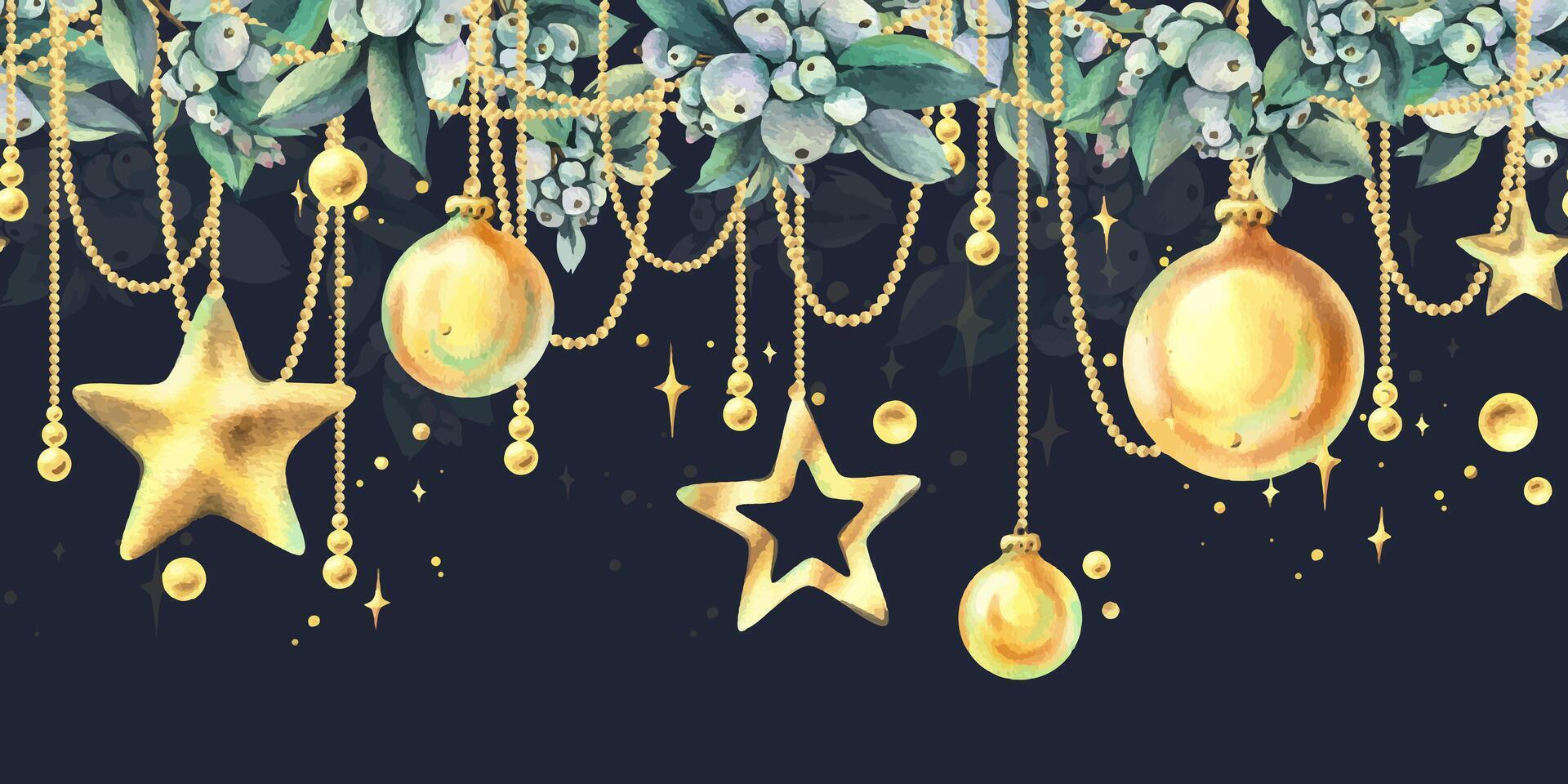 Golden Christmas balls and stars hanging on beads with snowberry with twinkling stars. Christmas, New Year, winter watercolor illustration hand drawn. Seamless border pattern on dark blue background. vector
