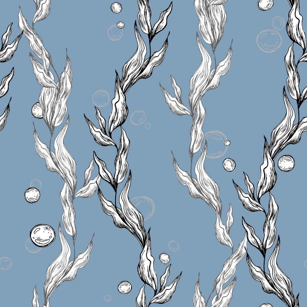 Sea blue algae with leaves wriggling in a wave with bubbles. Graphic illustration hand drawn in black ink. Seamless pattern EPS on a blue background for fabric, textile, prints, design. vector