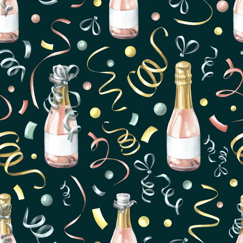 Bottles of pink champagne with confetti and ribbons. Watercolor illustration, hand drawn. Seamless pattern on a dark background. For congratulations, wrapping paper, holidays vector