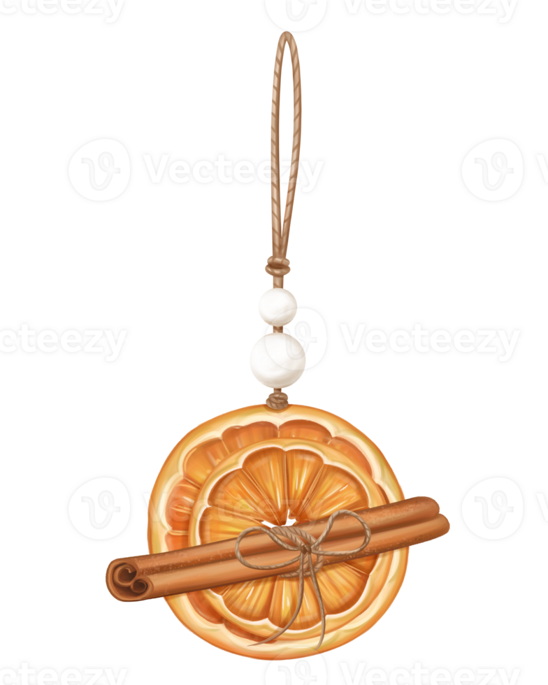Dried orange slice, cinnamon eco-friendly Christmas tree toys. Hand drawn winter handmade decorations from recyclable material. Sustainable xmas tree. Xmas greeting design. Isolated illustration png