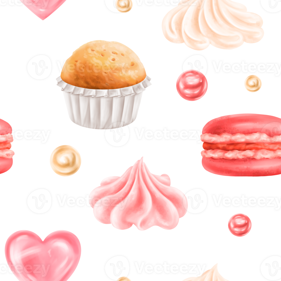 Seamless pattern with bright berry confectionery for bakery. Cupcake, macaroon decorated with cream, cream, lollipops. Decorations for parties and holidays, background. Hand-drawn illustrations png