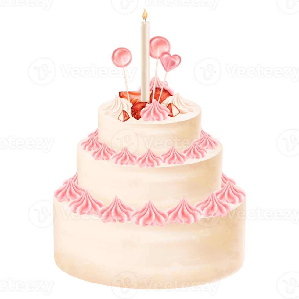 Homemade sponge cake decorated with cream flowers, whipped cream, strawberry slices, pink lollipops, candles. A festive cupcake from bakery. For menus, invitations, packages. Isolated illustration png