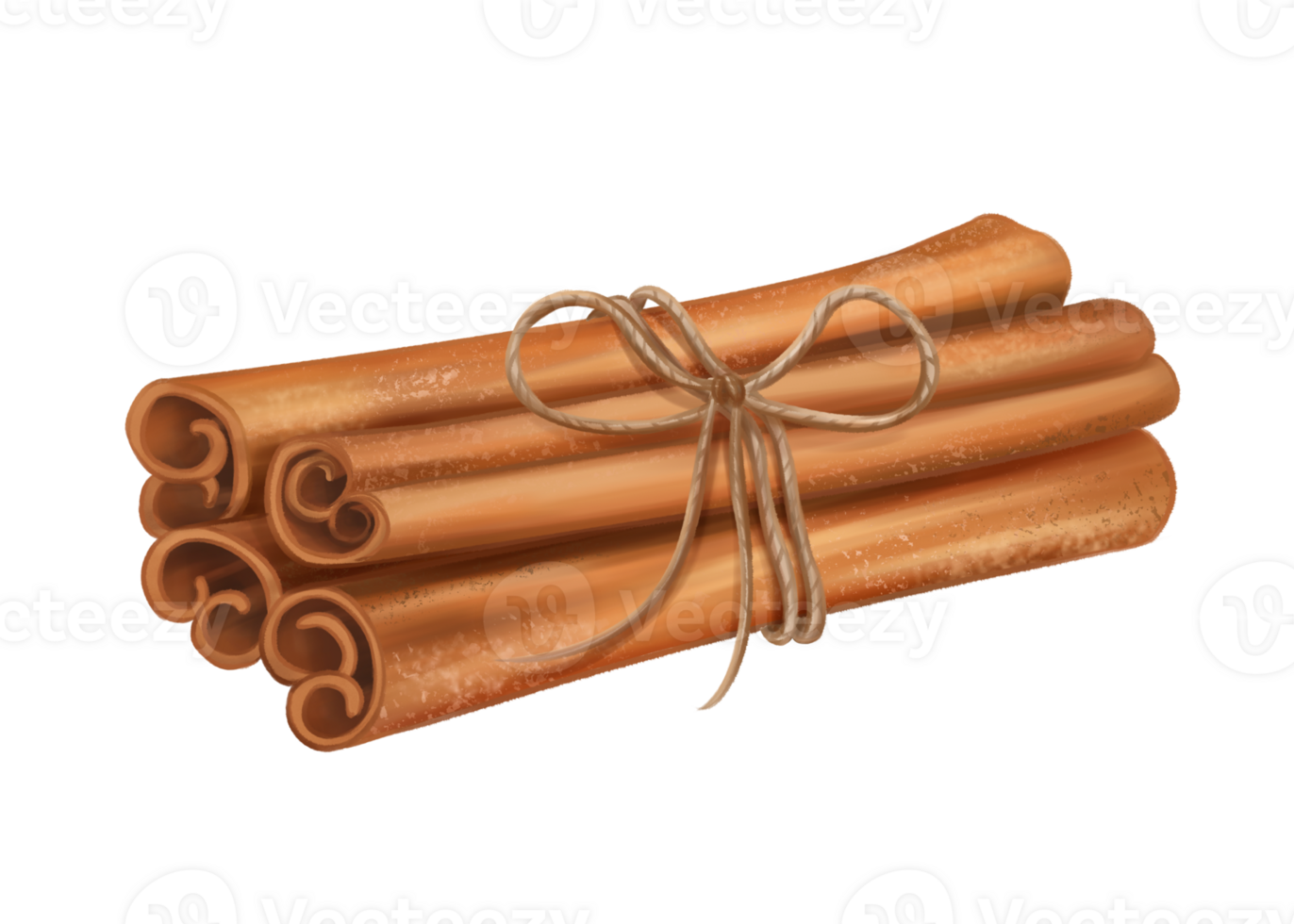 A bunch of fragrant cinnamon sticks tied with a jute rope. Spices for delicious food and drinks. Cozy handmade decor from recyclable materials, eco toy for a Christmas tree. Isolated illustration png