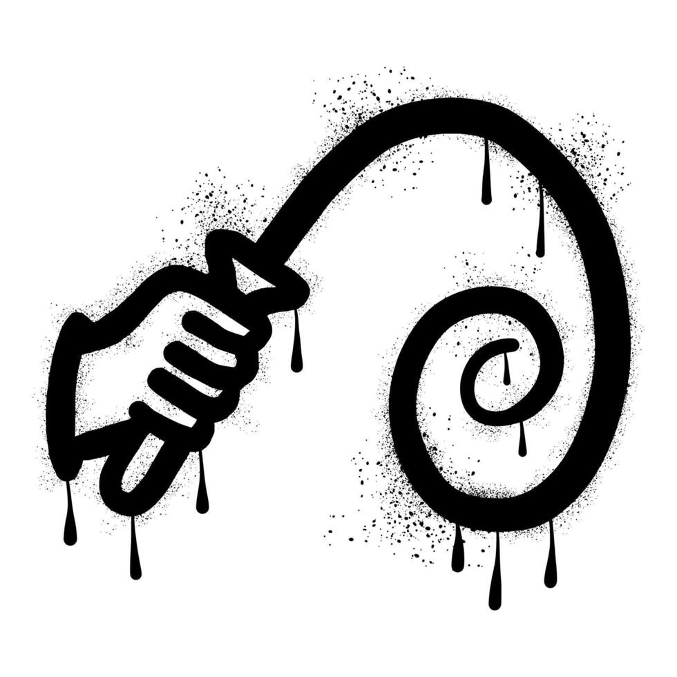 Graffiti of a hand holding a whip with black spray paint vector