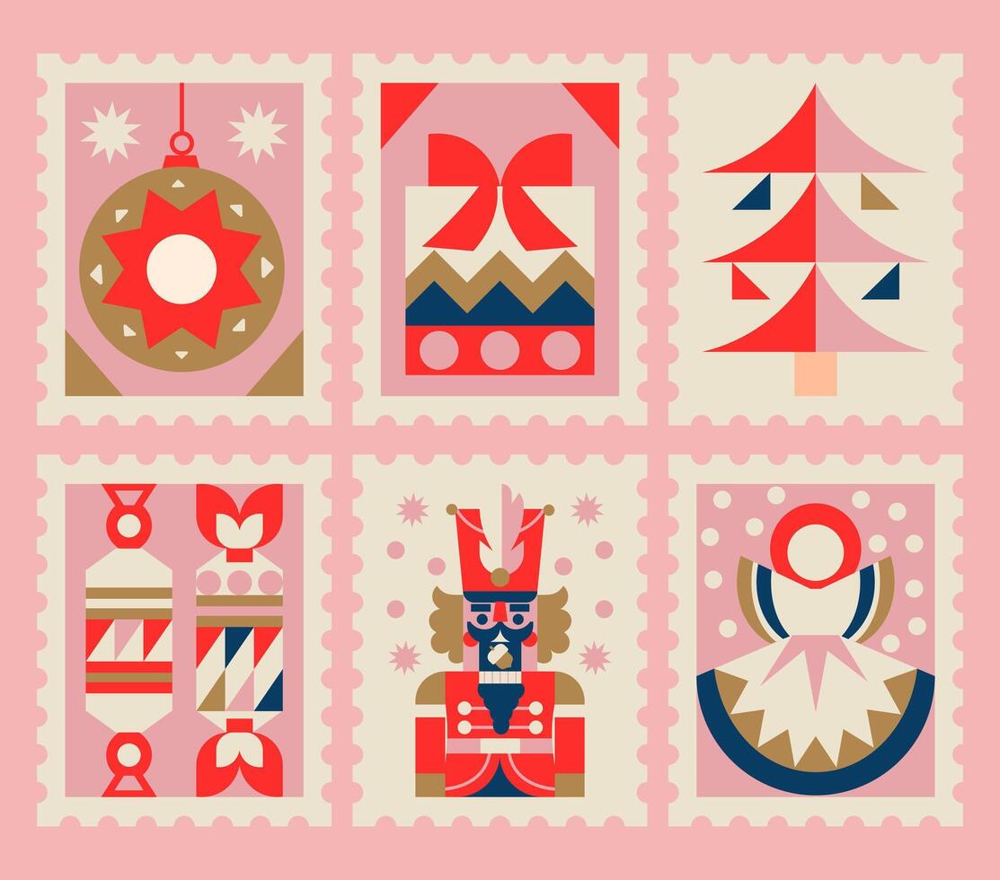 6 retro Christmas stamps. Colorful geometric illustrations with holiday elements, candy, gifts, a Christmas tree, nutcracker, winter angel. A warm pastel palette with the aesthetics of old Christmas vector