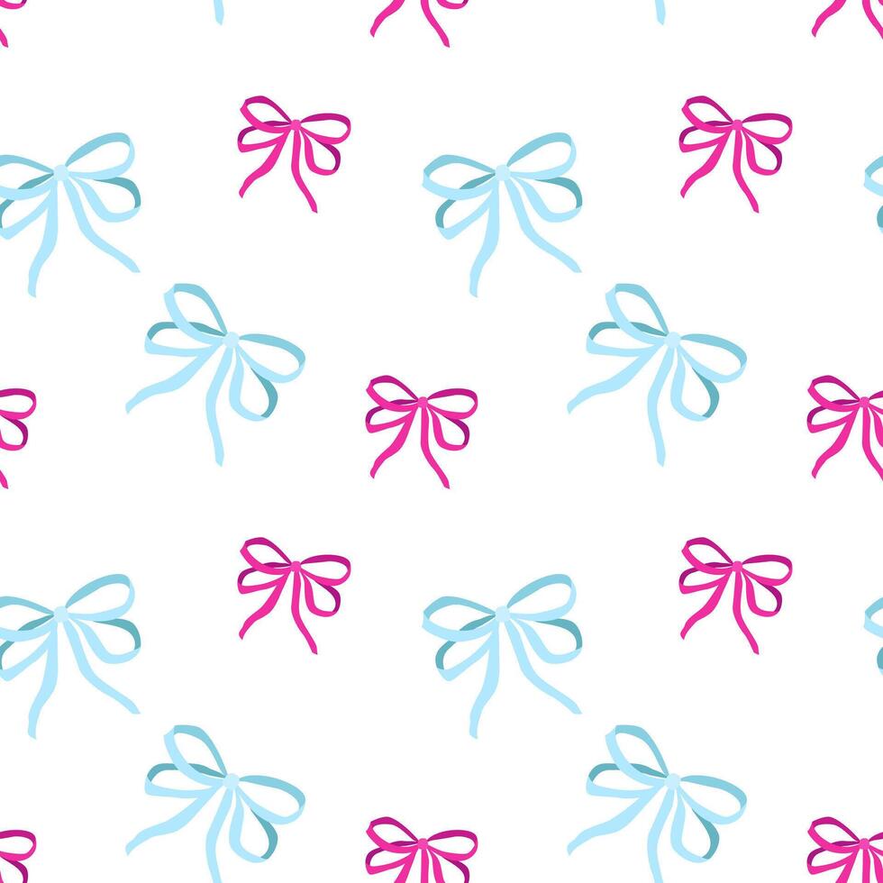 Seamless pattern with various pink and blue cartoon gift bows. Fashionable accessory for hair braiding. Hand drawn illustration. Cotton fabric pattern for sewing, patchwork, printed fabric, textile vector