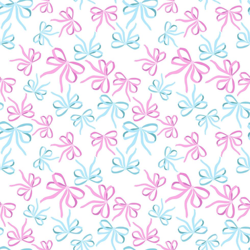 Seamless pattern with various pink and blue cartoon gift bows. Fashionable accessory for hair braiding. Hand drawn illustration. Cotton fabric pattern for sewing, patchwork, printed fabric, textile vector