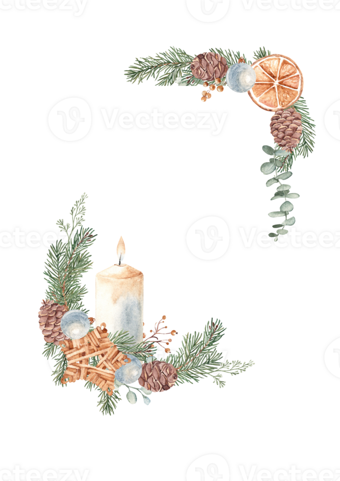 Christmas Advent square vertical Frame, Border. Corner Compositions with Winter plants, Candle and handmade Wicker star Toy. Hand drawn Botanical Illustration of Fir Branches, Eucalyptus, Pine Cone png