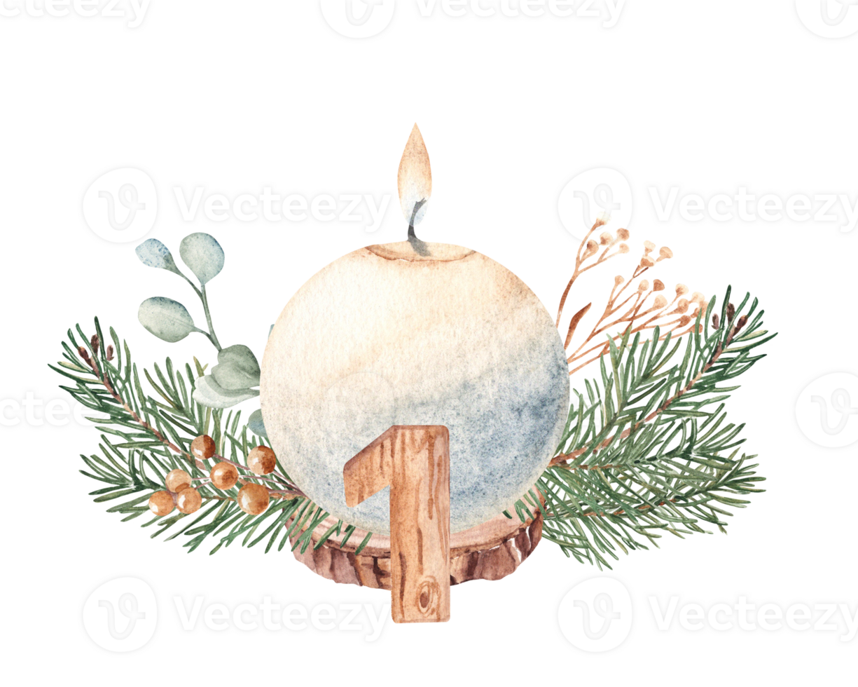 First Advent, Christmas Candle Composition with Winter plants. Fir Branches, Eucalyptus, Pine Cone and Wooden Number one. Hand drawn Botanical illustration. For Cards and Prints. png