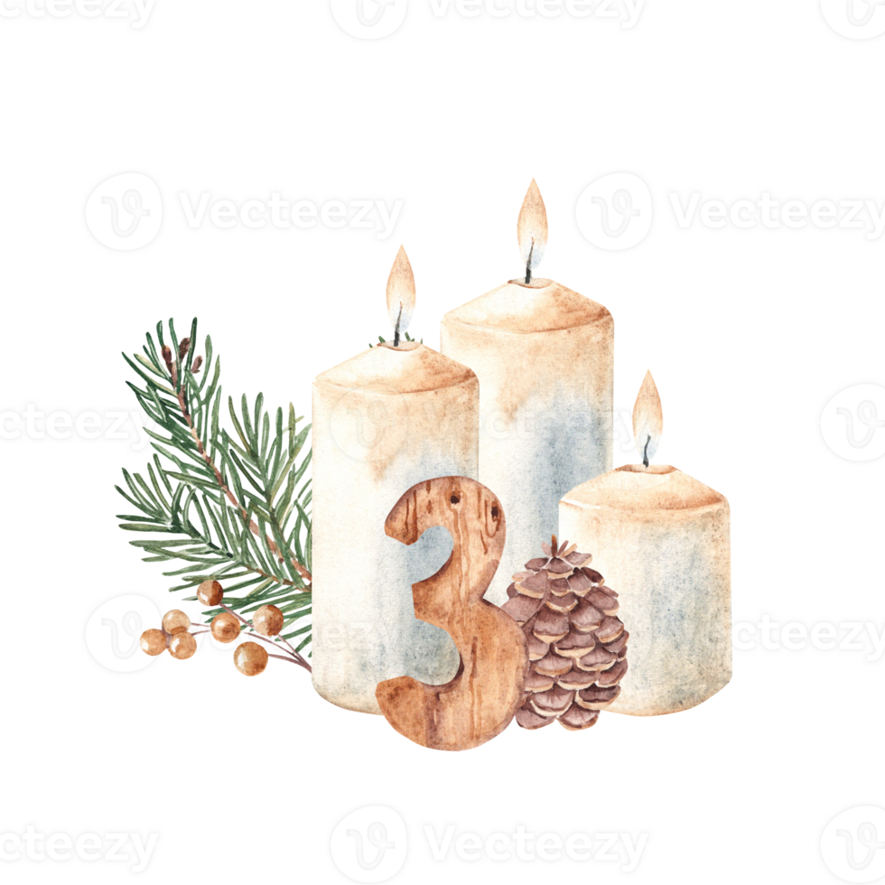 Third Advent, Christmas Candles Composition with Fir Branches, Winter Berries, Pine Cone and wooden Number Three. Hand drawn Botanical illustration isolated. For Cards and Prints. png